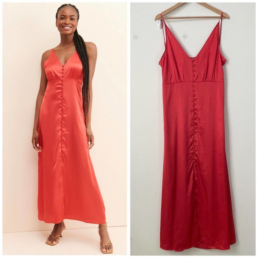NWT Anthropologie Satin Slip Midi Dress Size L Red Open Back Front Slit